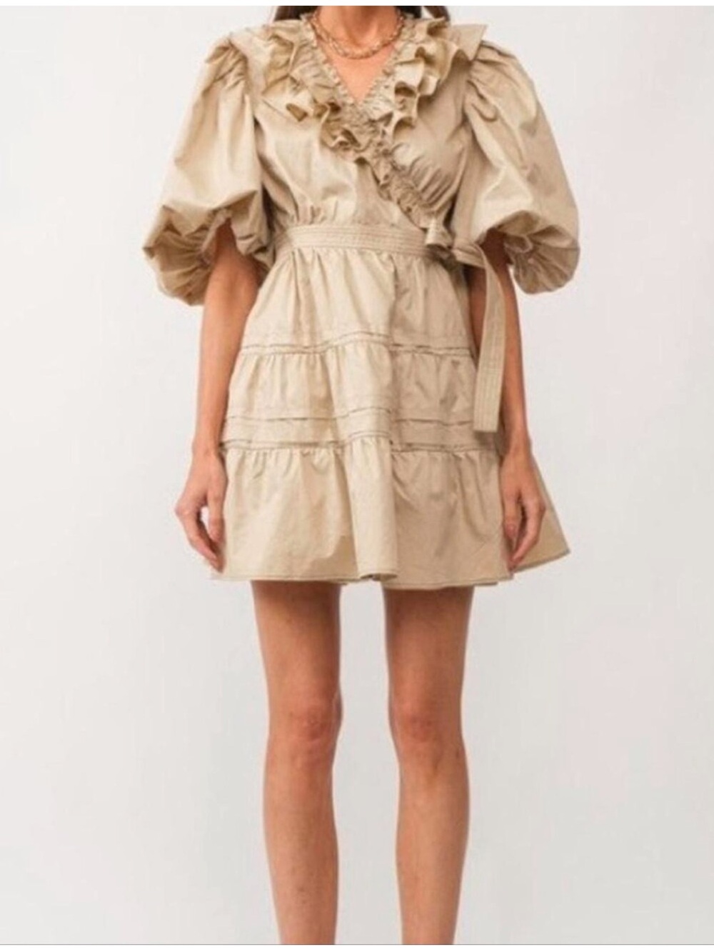 En Saison Beige Ruffle V-Neck Puff Sleeve Mini Dress